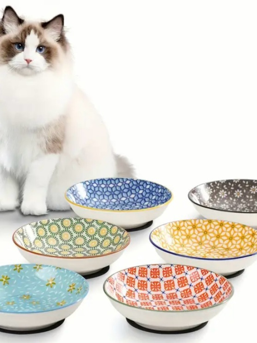Ceramic Patterned Cat Food Bowl - Multicolor Set